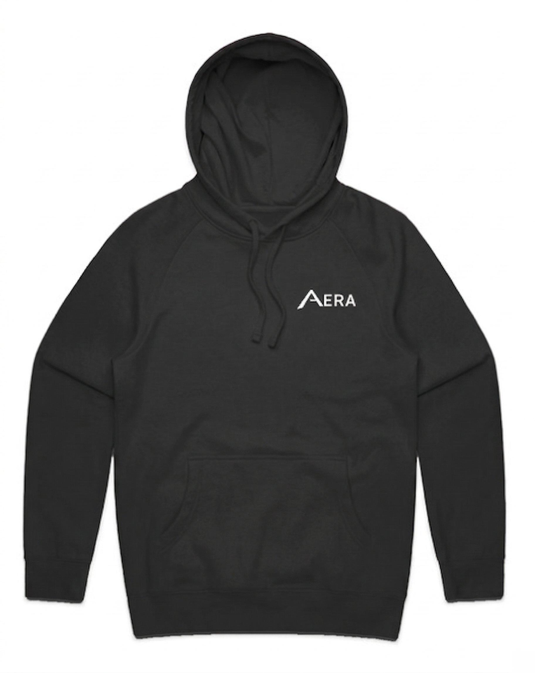 AERA Essential Hoodie — minimal black heavyweight cotton hoodie, front view