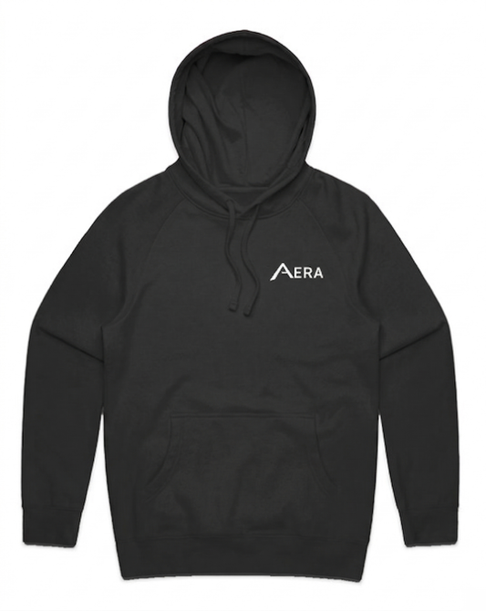 AERA Essential Hoodie — minimal black heavyweight cotton hoodie, front view